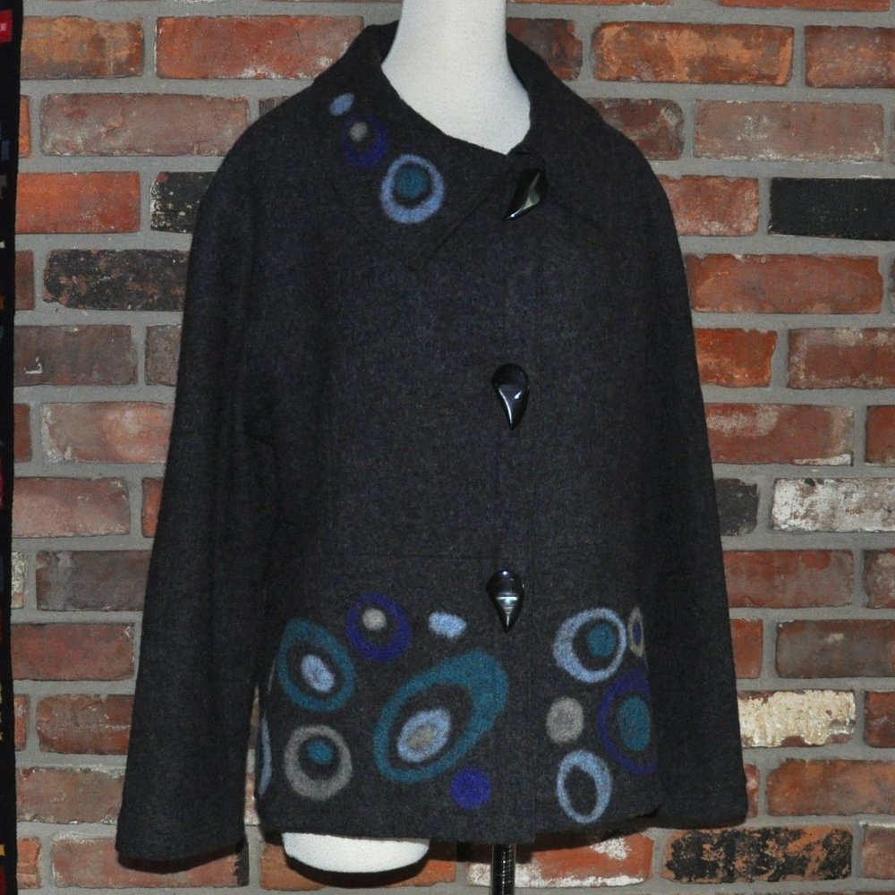 Carson Dark Grey Gray Felted Circle Art Deco Design Wool Lined Coat Jacket L-XL